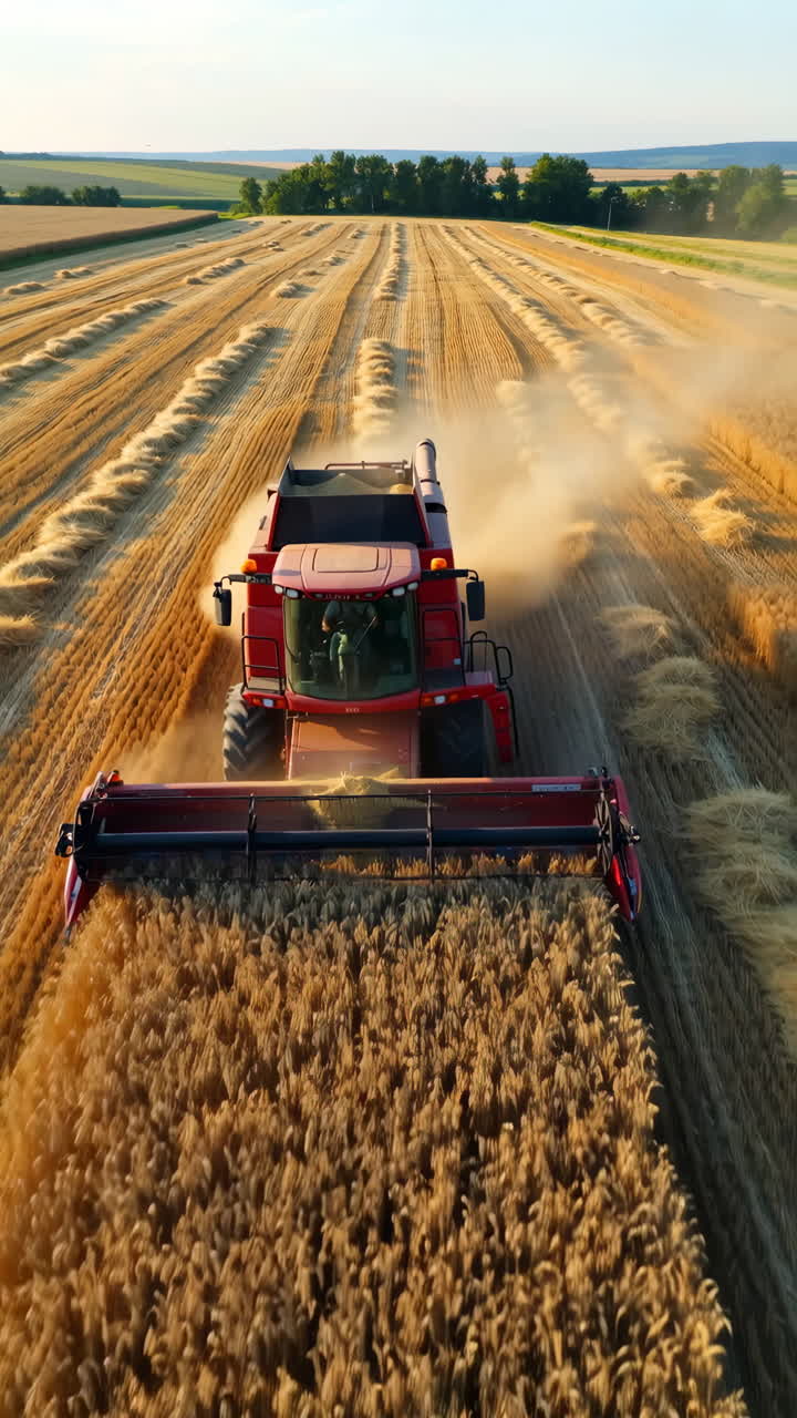 A red combine harvester works in a golden wheat field during harvest season