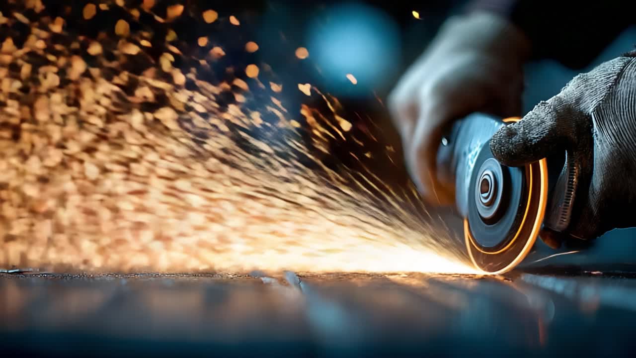 Dynamic Close-Up of Metalworking: Sparks Fly as Tools Grind and Polish, Showcasing Skill and Precision in Metal Fabrication and Craftsmanship