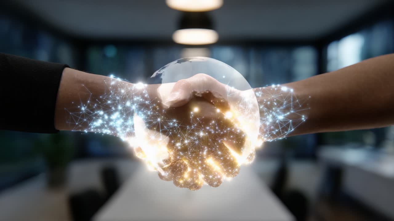 A Symbolic Handshake Representing Unity and Collaboration in a Modern Workspace with Digital Effects and a Glowing Earth Illustration in Focus