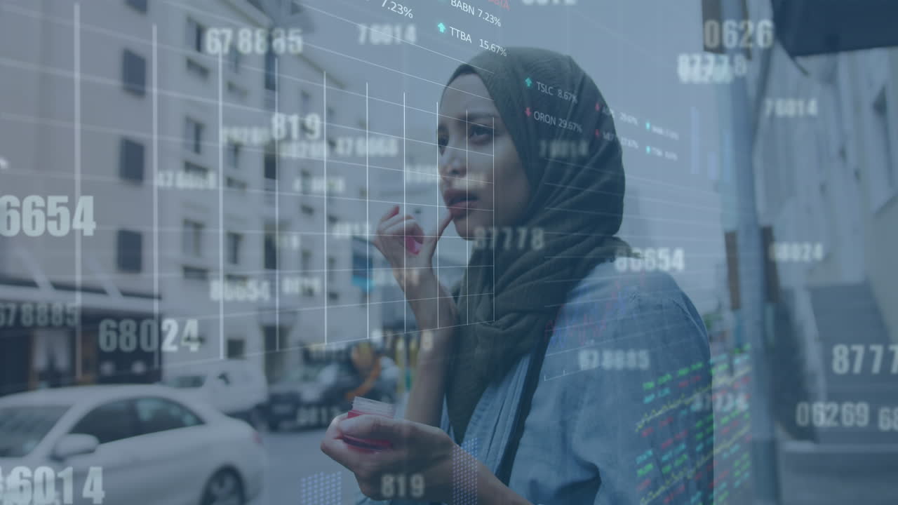 Animation of financial data processing over biracial woman using smartphone