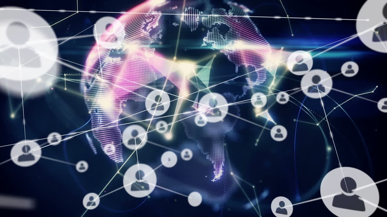 빛나는 반점이 있는 전 세계에 있는 사람들과의 연결 네트워크의 애니메이션 아이콘