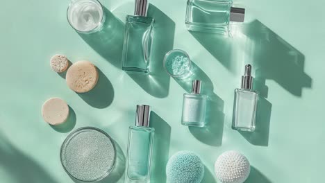 mint green beauty products flat lay