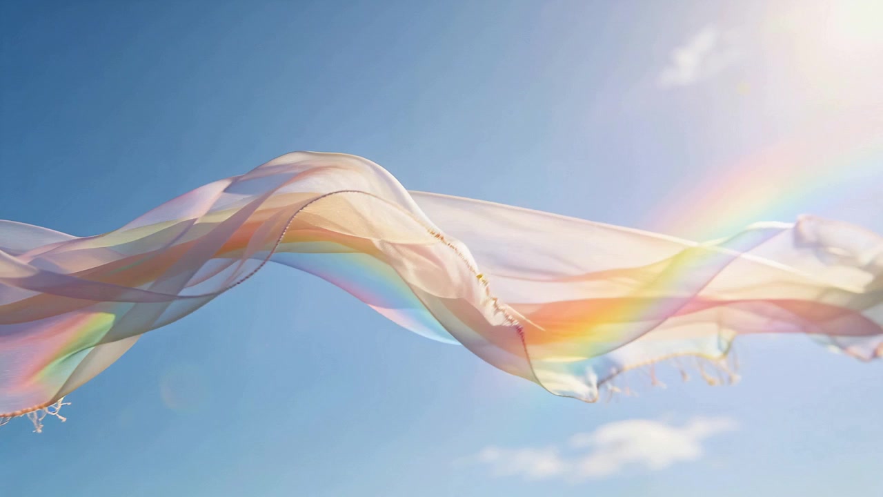 Waving translucent scarf twisting across blue sky by wind, showing rainbow arc and lens flare