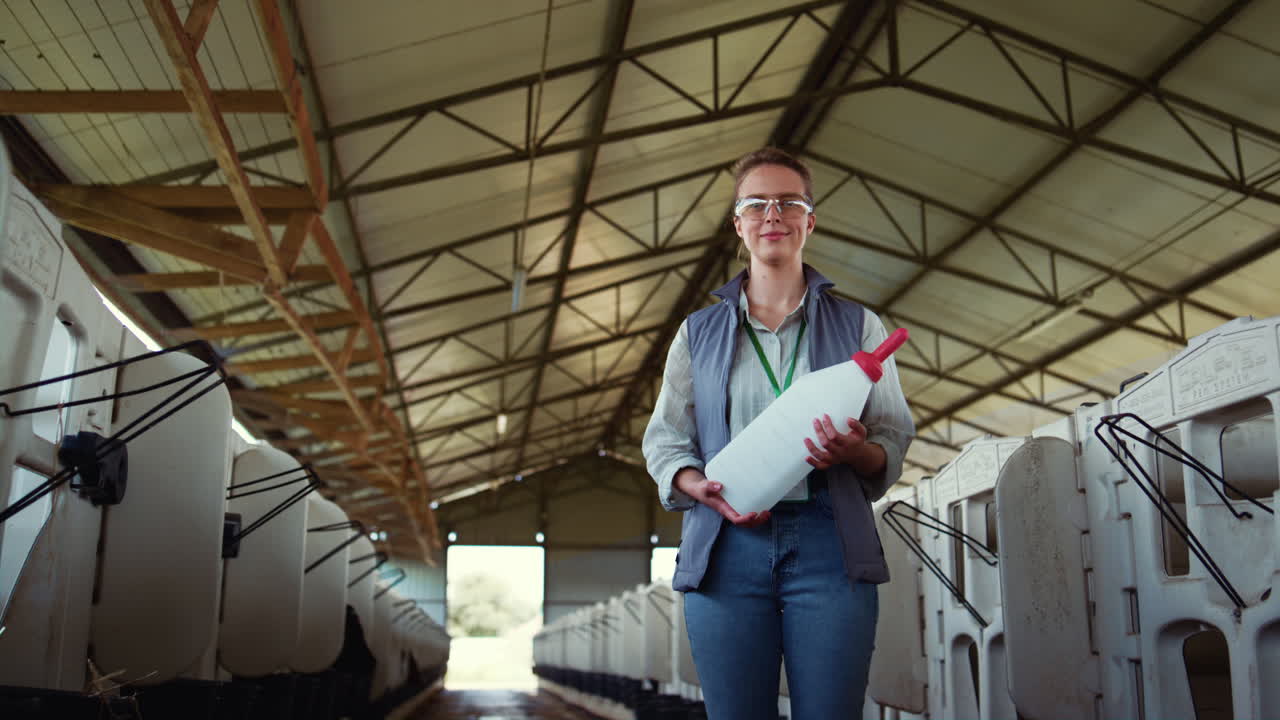 granjero sonriente sosteniendo una botella para alimentar a un recién nacido. trabajador feliz de la agroindustria.