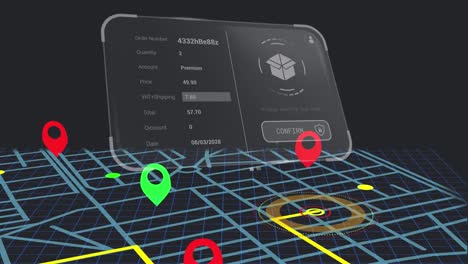 animation of digital interface with data processing over city map