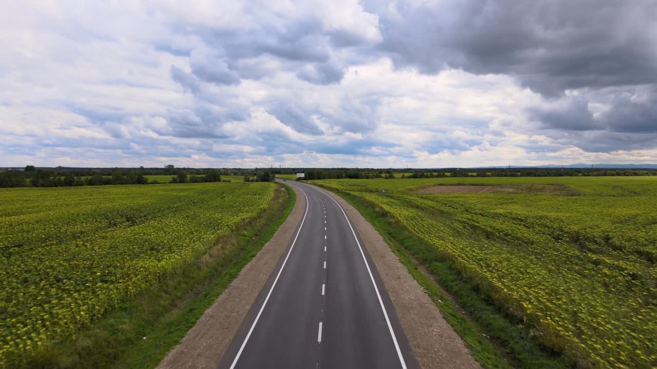 Vista aerea di strada interurbana tra campi agricoli verdi con auto in rapido movimento. Vista dall'alto da drone del traffico autostradale
