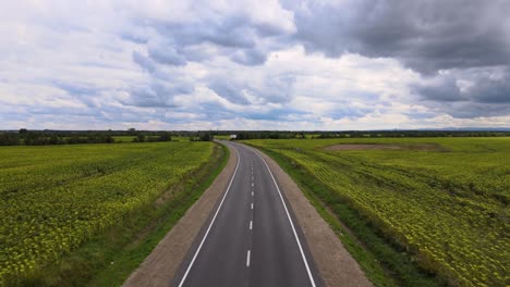 aerial view of intercity road between green agricultural fields with fast driving cars. top view from drone of highway traffic