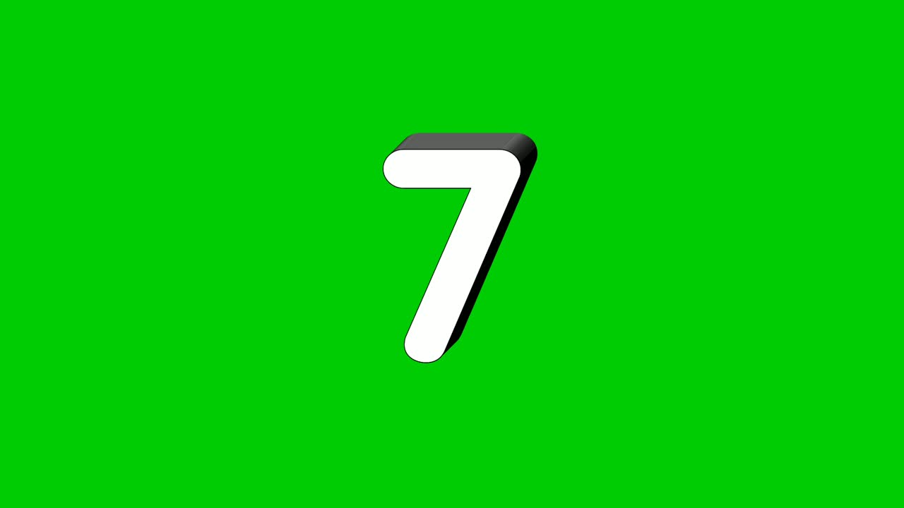 Numero 7 sette 3D, simbolo animato di grafica in movimento su sfondo green screen, il numero appare nel fumo, numero video animato per elementi video.