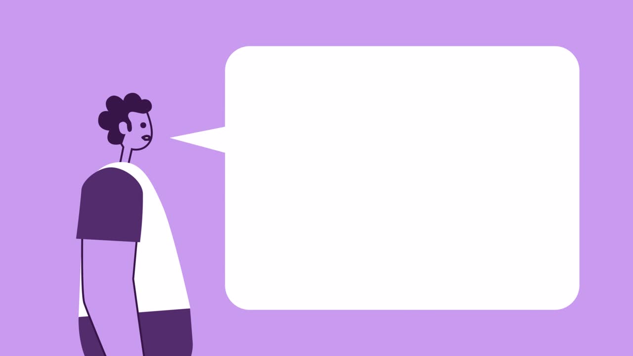 Purple Style Man Flat Character Talking Explain with Speech Bubble. Isolated Loop Animation with Alpha Channel