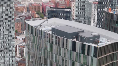 top aerial view of deansgate square luxury residential towers in manchester, uk