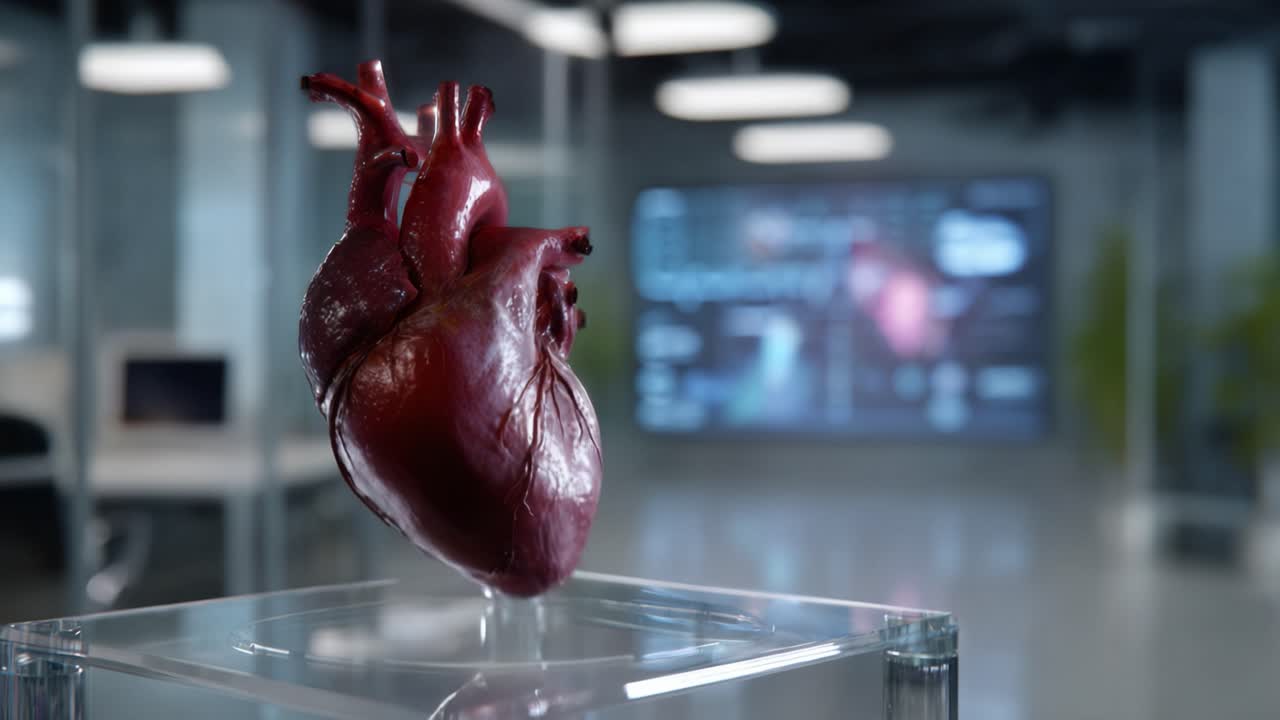 Anatomically Accurate 3D Heart Model Displayed in a Modern Laboratory Setting with High-Tech Screens and Medical Graphics in Background