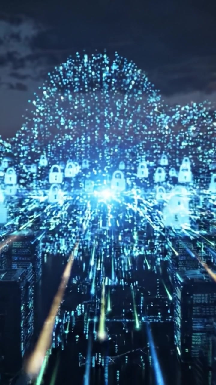 Et digitalt sikkerhetslandskap: Visualisering av datanettverk med krypteringsrepresentasjoner i et futuristisk bymiljø.