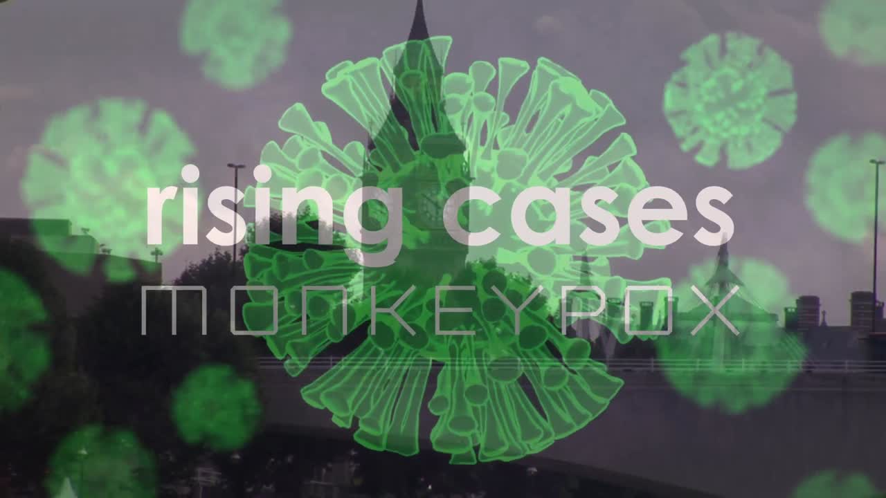 바이러스와 도시 풍경 위의 원 ⁇ 이 천연두의 애니메이션