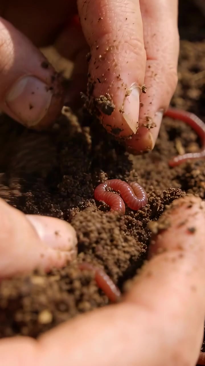 Video verticale: Polpastrelli che separano il compost in giardino, mani che rivelano vermi rossi mentre controllano il terreno