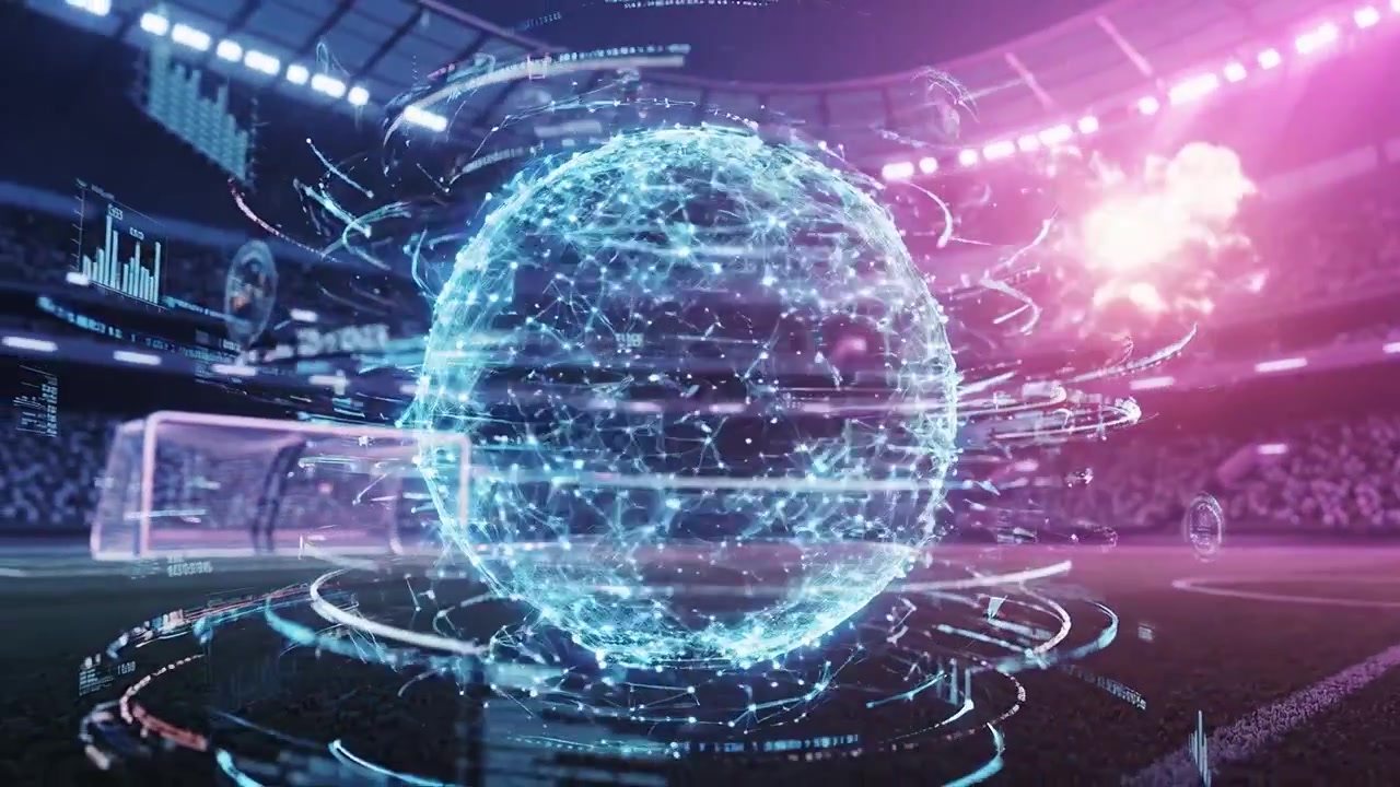 Dynamic Visualizations of a Futuristic Data Sphere in a Spectacular Soccer Stadium Environment with Vibrant Colors and High-Tech Elements
