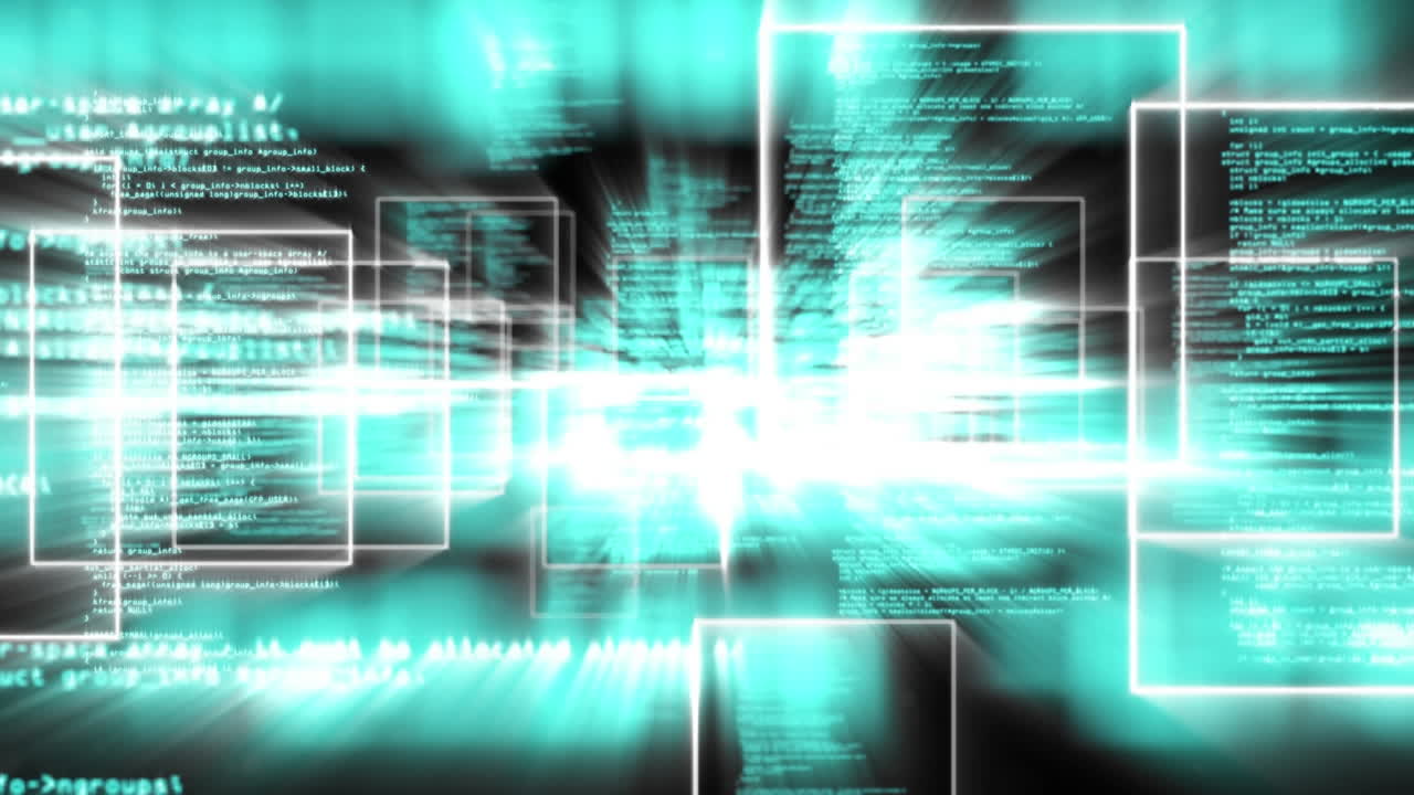 animación de cuadrados sobre lenguaje de computadora en bucle contra fondo negro
