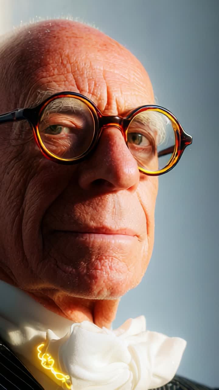 Close-up Portrait of an Elderly Gentleman with Distinctive Glasses and Elegant Attire, Radiating Wisdom and Character in a Minimalistic Background