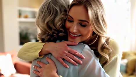 two women hug each other in a living room