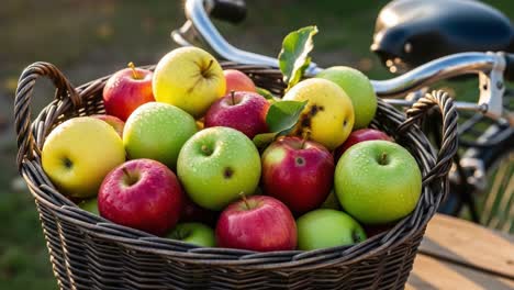 colorful basket of fresh apples emphasizing variety and health, displayed next to a vintage bicycle, capturing the essence of autumn harvest and outdoor lifestyle