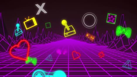 animation of colourful game and media icons over glowing pink grid landscape on black