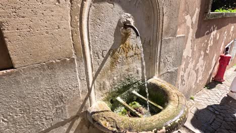 water streams from a moss-covered stone fountain