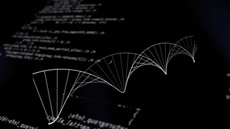 Animation of spinning dna strain over scientific data processing on black background