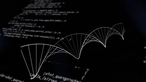 animation of spinning dna strain over scientific data processing on black background