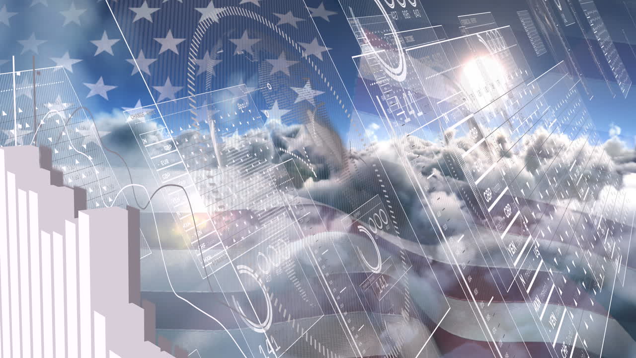 animación de la bandera estadounidense y procesamiento de datos financieros