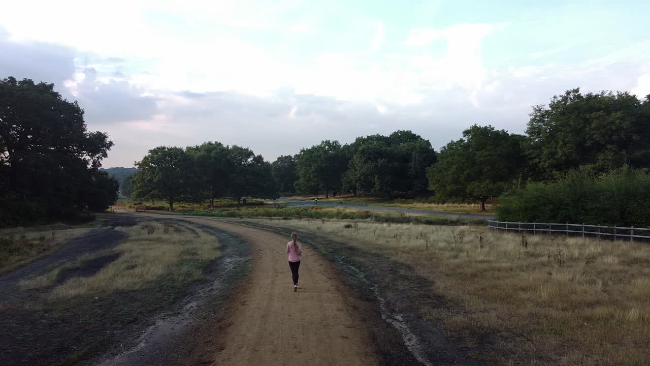 이른 아침의 드론 영상은 나무와 풀로 뒤덮인 공원에서 젊은 여성이 달리는 모습을 보여줍니다.