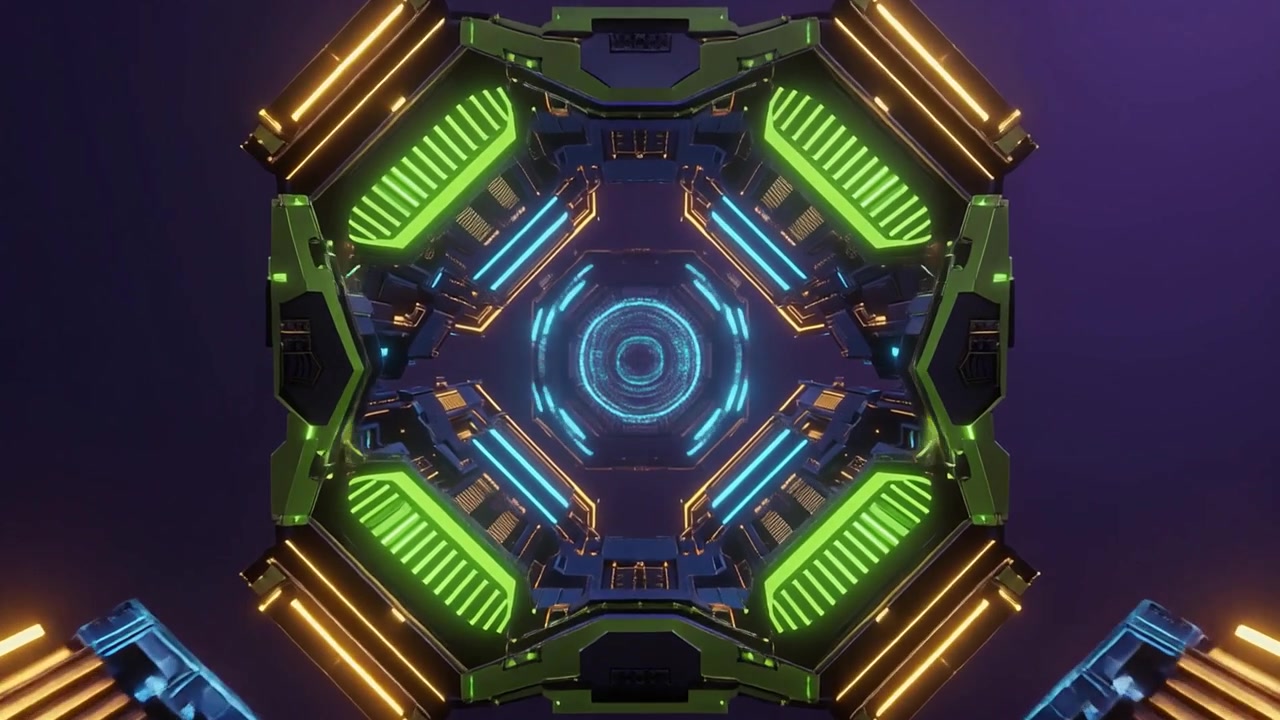 Volando attraverso un tunnel geometrico futuristico al neon