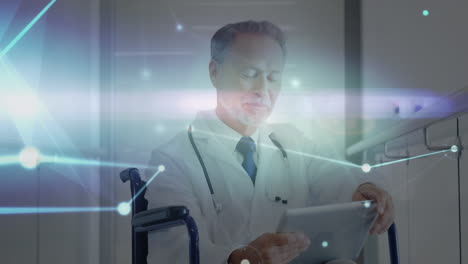 animation of profile icons interconnecting with lines over male caucasian doctor using tablet pc