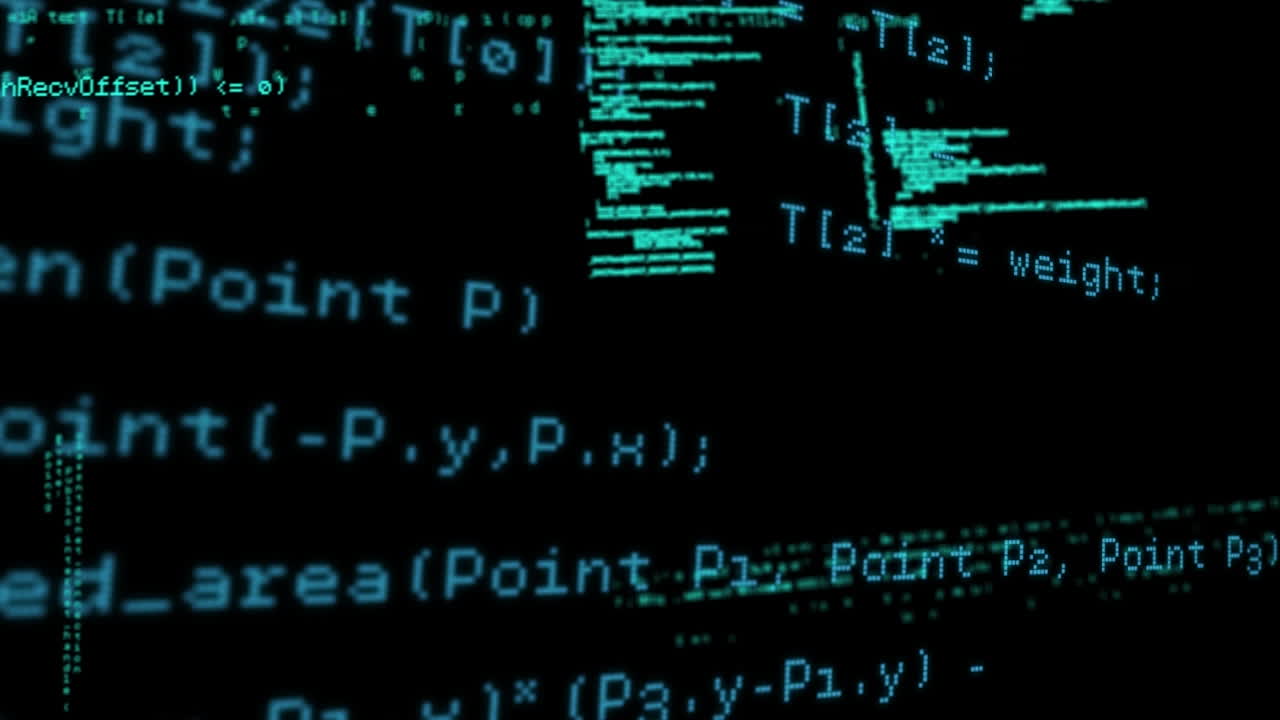 Animation of blue data and information processing on dark background