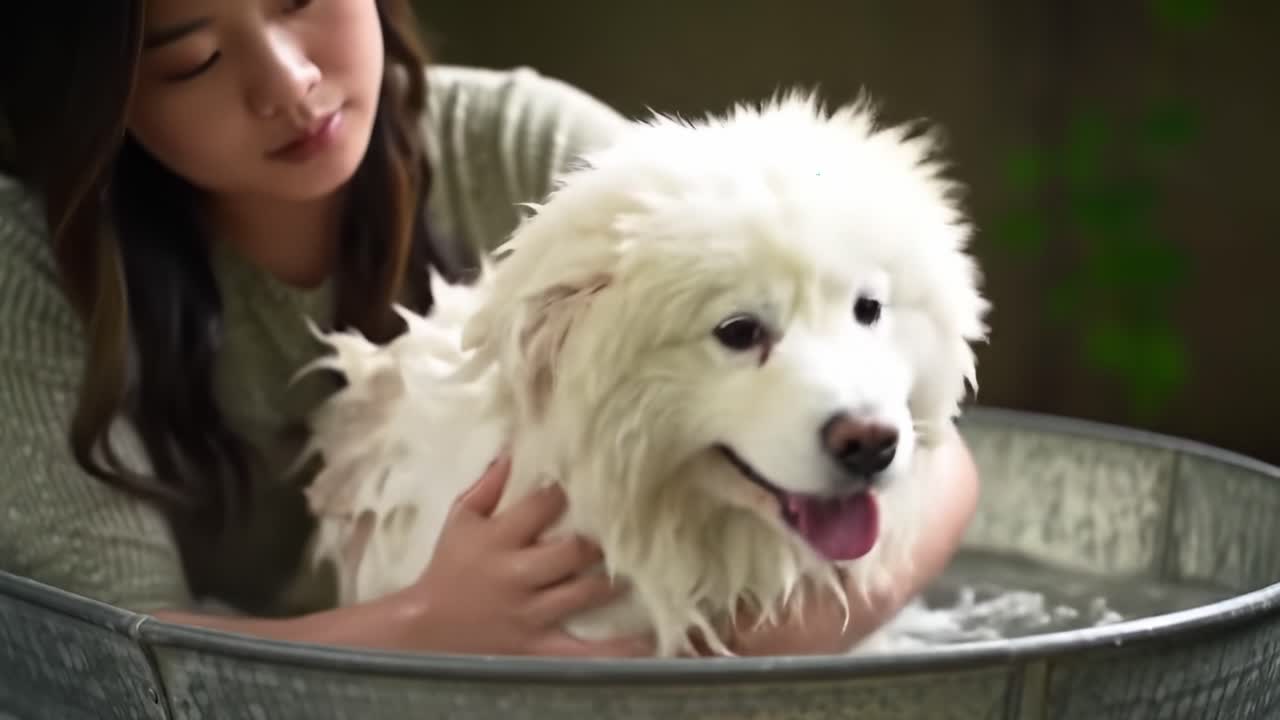 A Person Gently Bathing a Fluffy White Dog in a Tub, Creating a Heartwarming Scene of Pet Care and Comfort for Both Animal and Owner