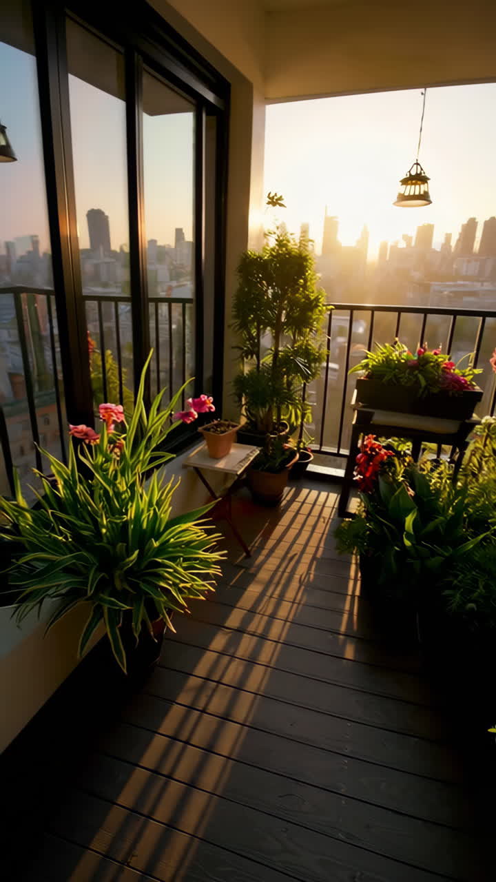 Balcony Garden at Sunset with City Skyline View