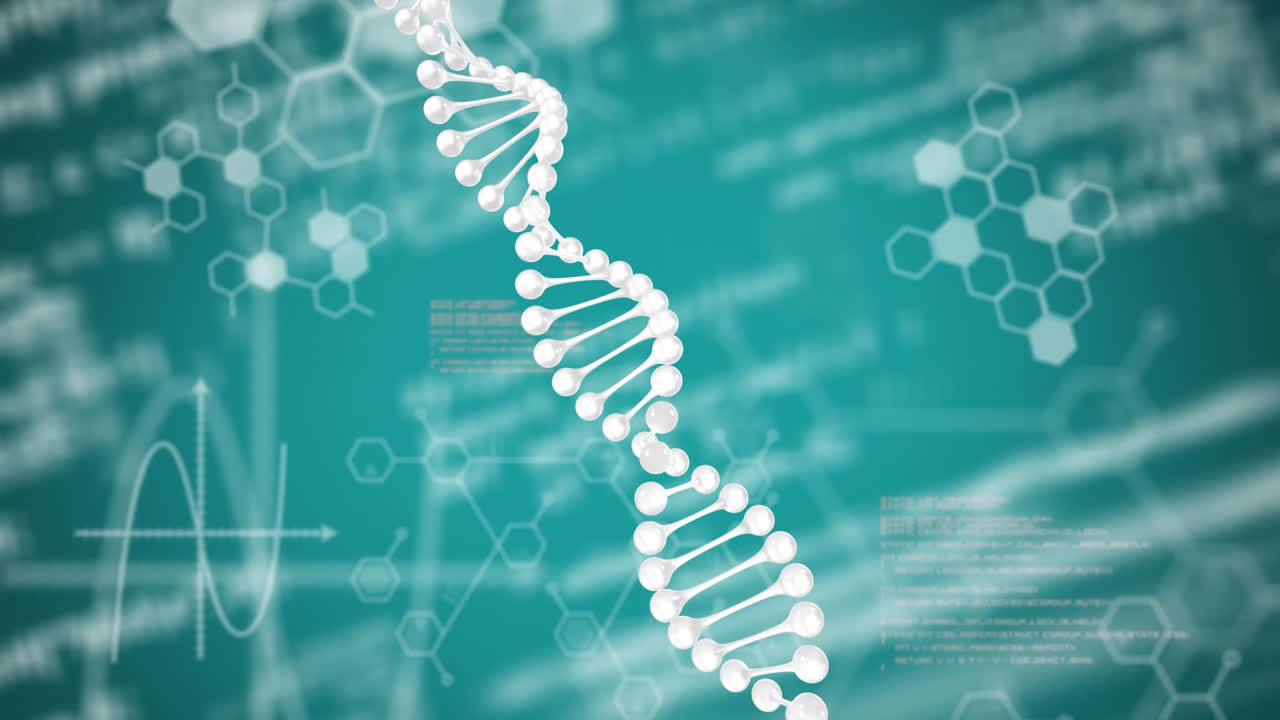 Animation of dna strand, medical data processing and chemical formulae on green background