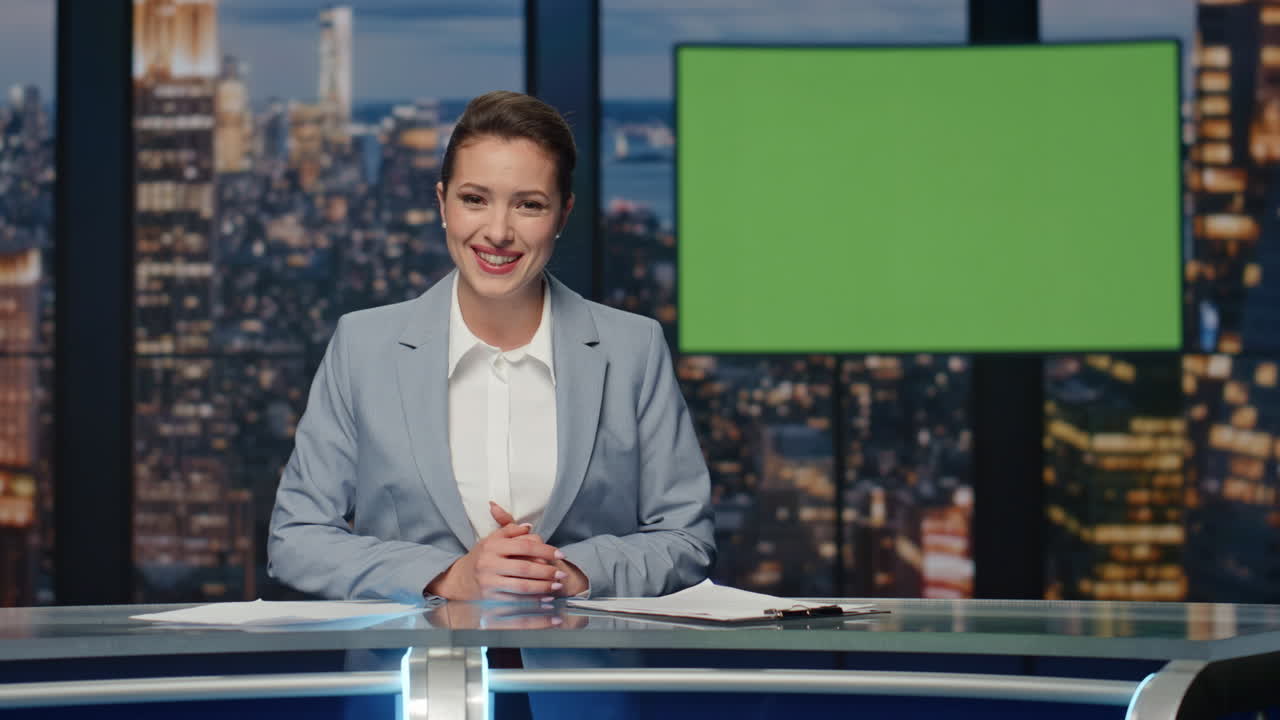 행복한 여성은 저녁 tv 스튜디오 클로즈업에서 뉴스를 발표합니다. 방송을 끝내는 여인