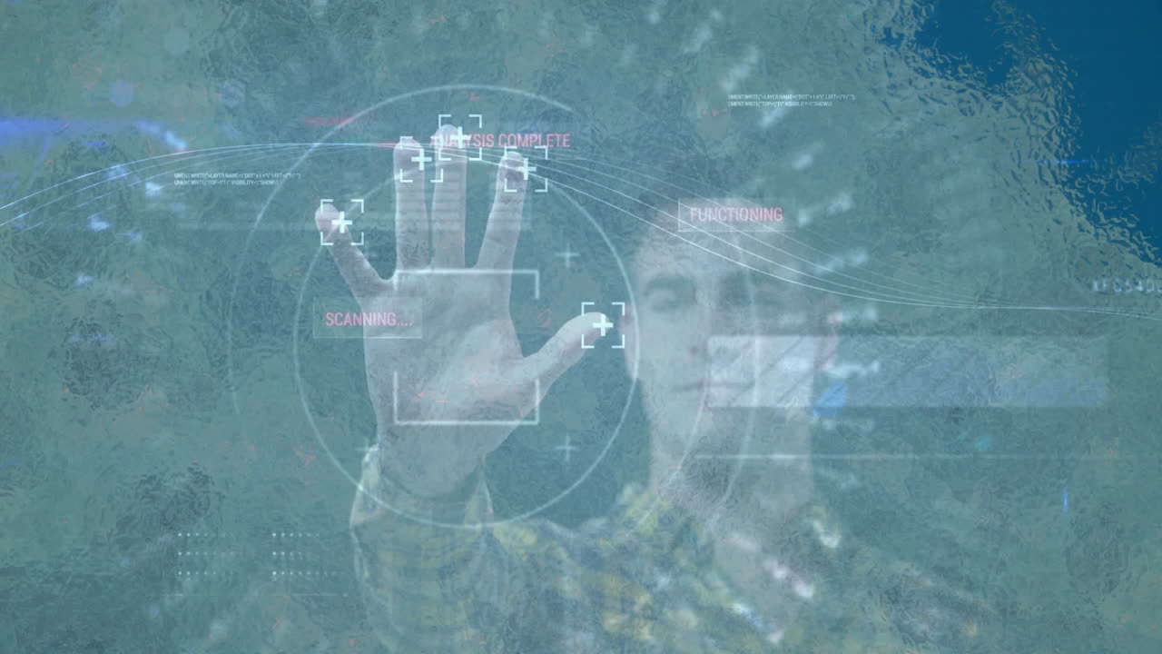 Scanning hand for biometric data with animation on transparent digital screen