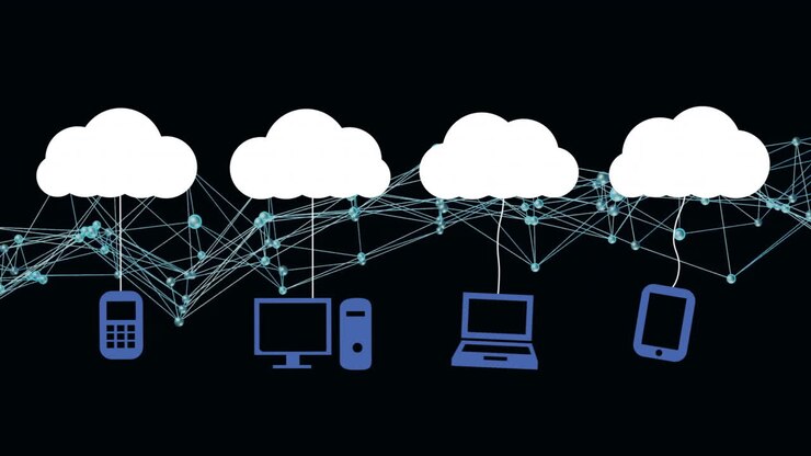 Conectando dispositivos eletrônicos, rede de computação em nuvem com linhas de animação digital