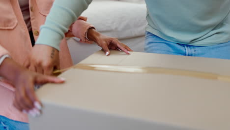 moving, box and hands of couple packing