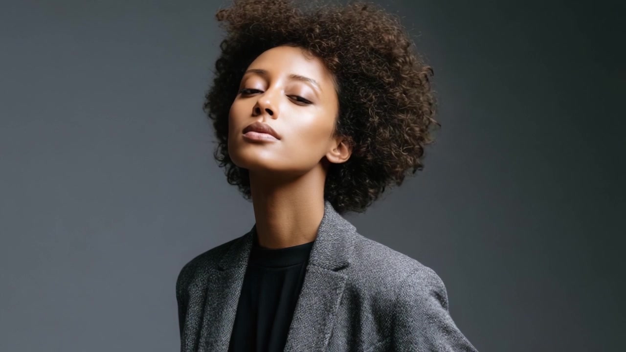 Captivating Profile of a Confident Individual Showcasing Natural Beauty and Stylish Attire with Distinct Features Against a Minimalistic Background