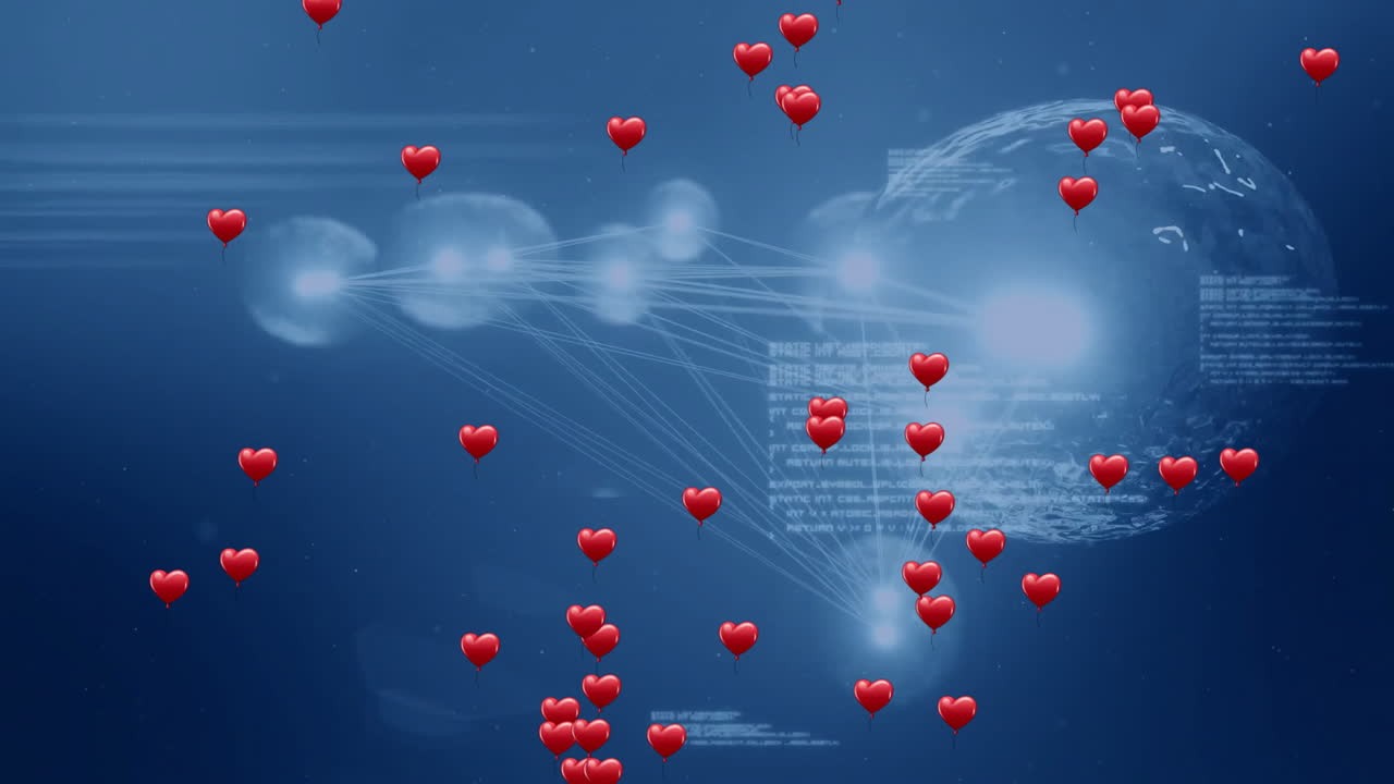 Animation of red heart balloons floating over digital network on blue background