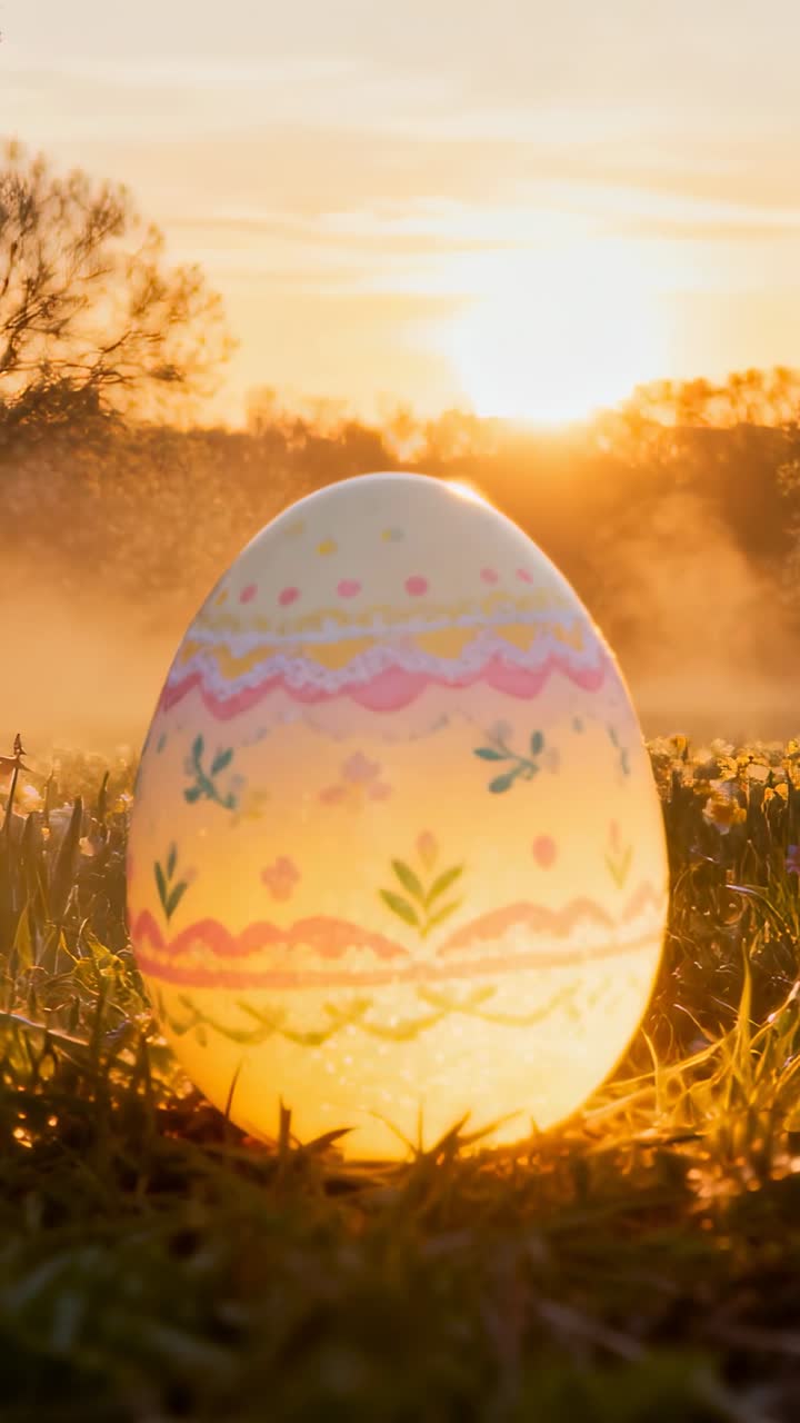 Rising sun moving above horizon, backlighting egg on grass, revealing floral patterns for ads
