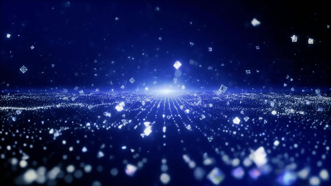 浮かぶ幾何学的な粒子と輝く光がある抽象的なデジタル風景
