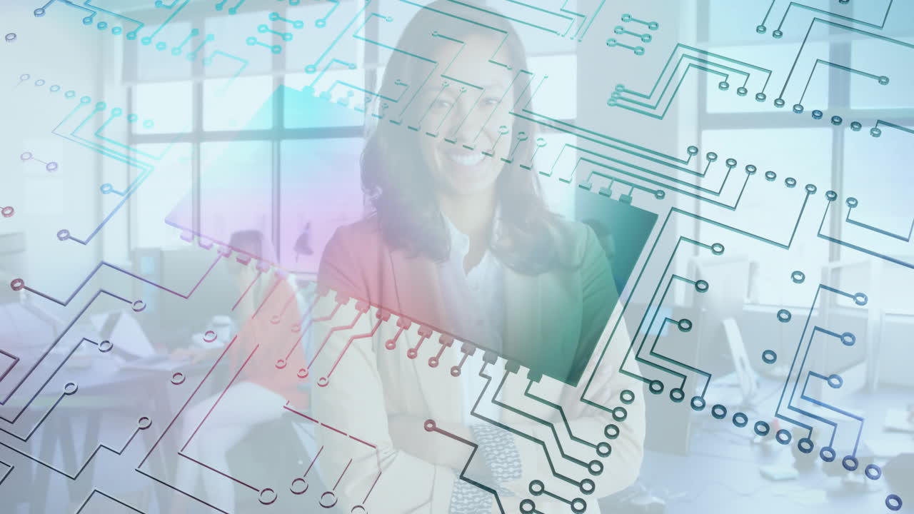 In office, smiling woman with circuit board pattern overlay, creating animation