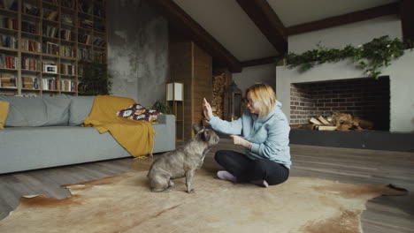 red haired woman and her bulldog dog on the carpet on the living room floor