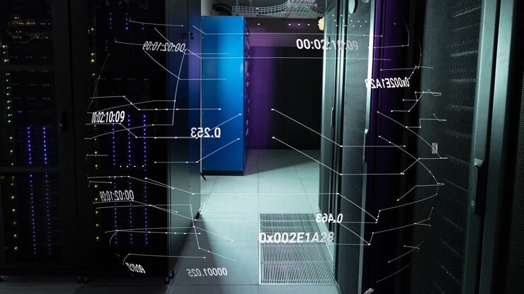 Animation of network of connections and data processing against computer server room
