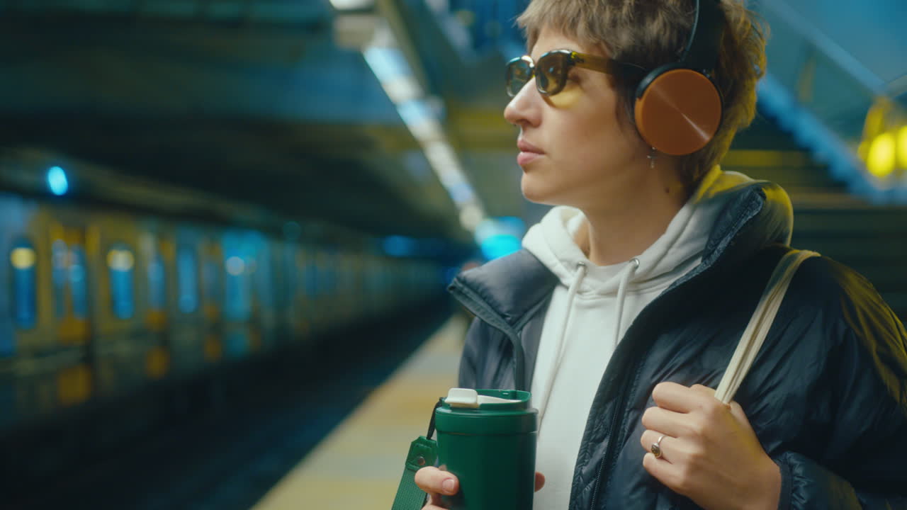 Woman in Headphones Waiting for Train on Underground Station