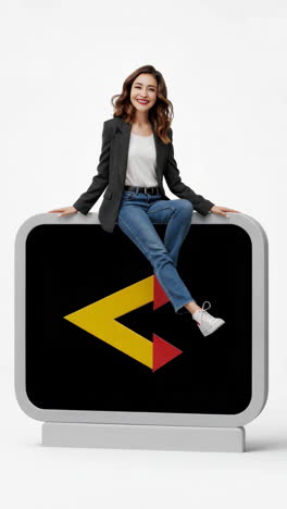 woman sitting on large directional arrow graphics