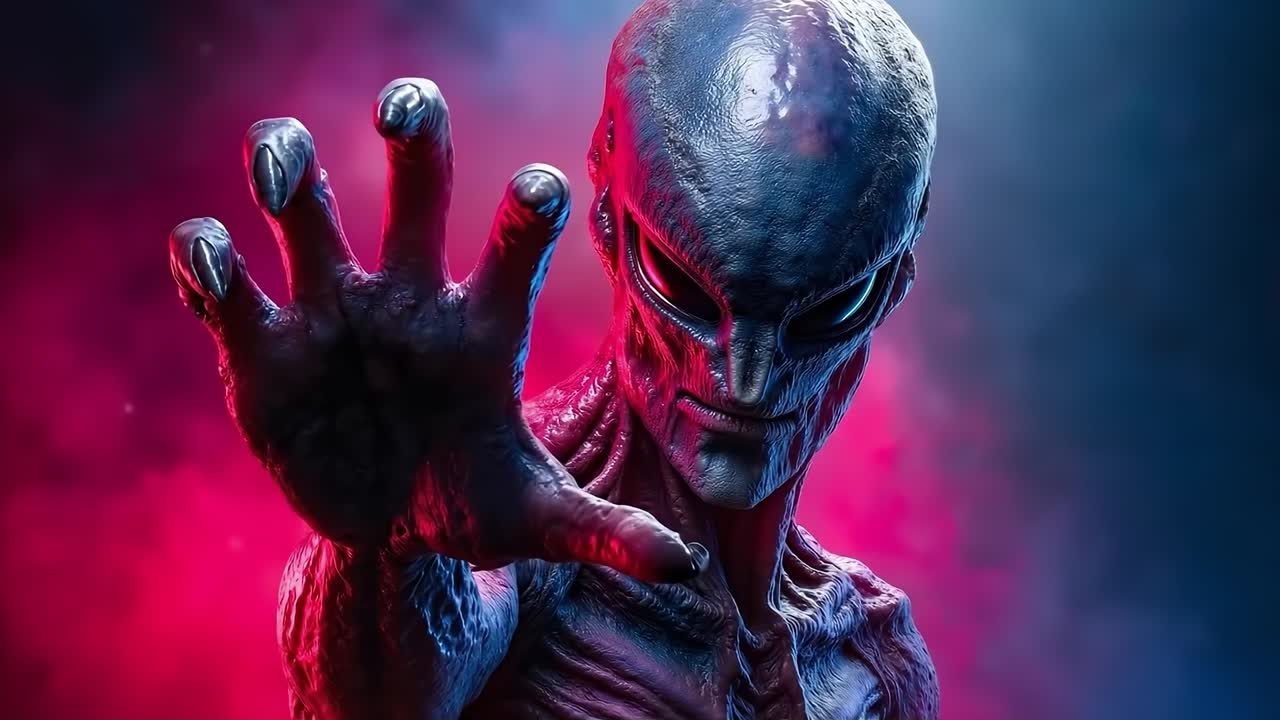 A close up of a statue of an alien with his hand outstretched