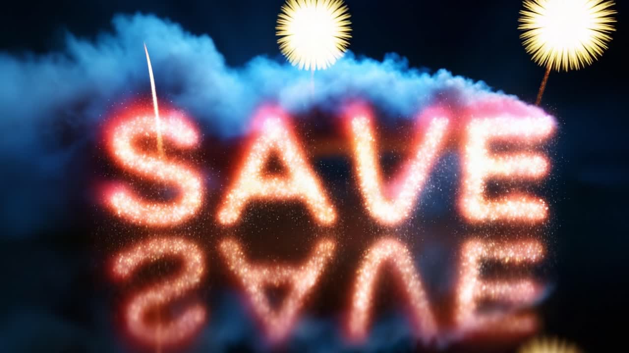 A Captivating Display of Colorful Sparks: A Dynamic Visual Transformation from 'Sale' to 'Save' Featuring Explosive Fireworks and Vibrant Particle Effects
